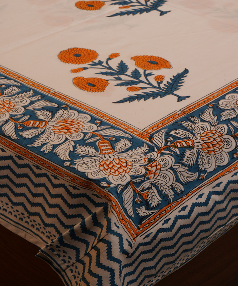 White blue orange handblock print cotton bedsheet