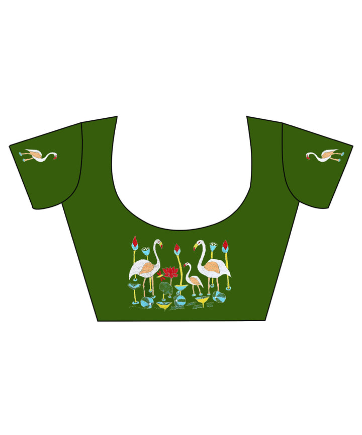 Dark green cotton handwoven kantha stitch blouse piece