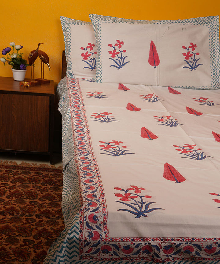 White pink green handblock print cotton bedsheet
