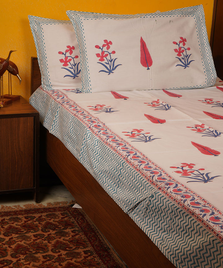 White pink green handblock print cotton bedsheet