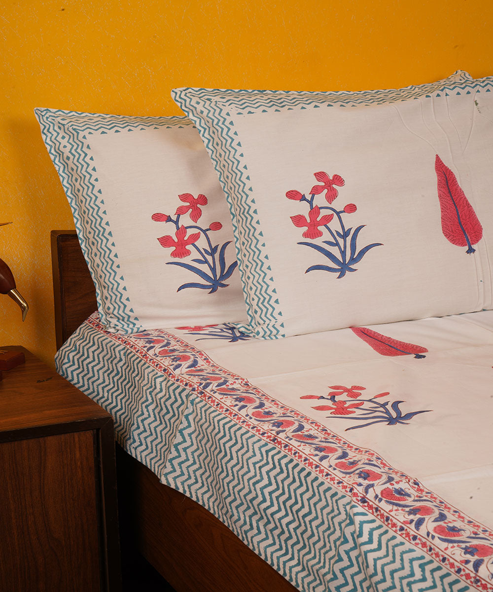 White pink green handblock print cotton bedsheet