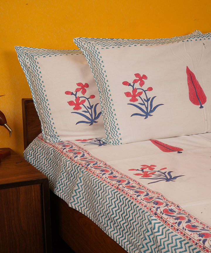 White pink green handblock print cotton bedsheet