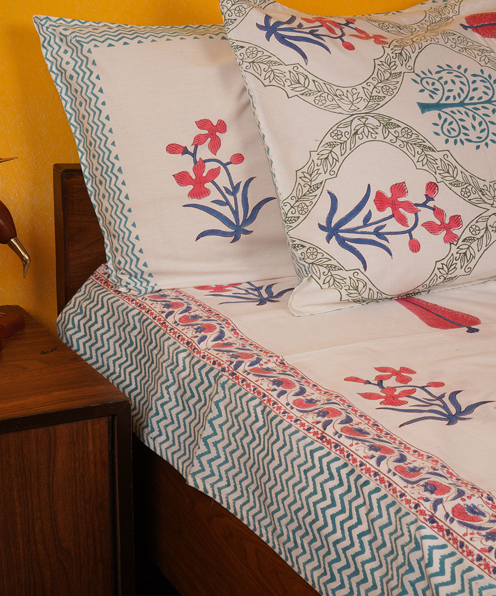 White pink green handblock print cotton bedsheet