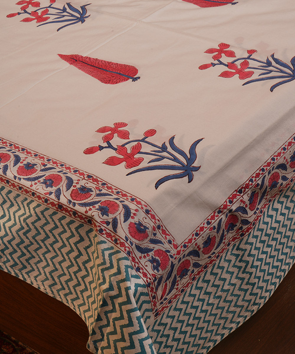 White pink green handblock print cotton bedsheet