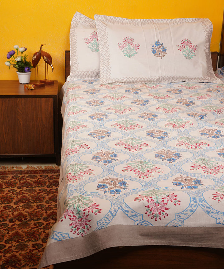 White blue handblock print cotton bedsheet