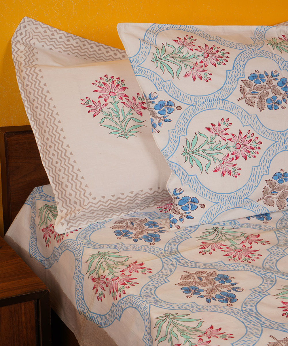 White blue handblock print cotton bedsheet