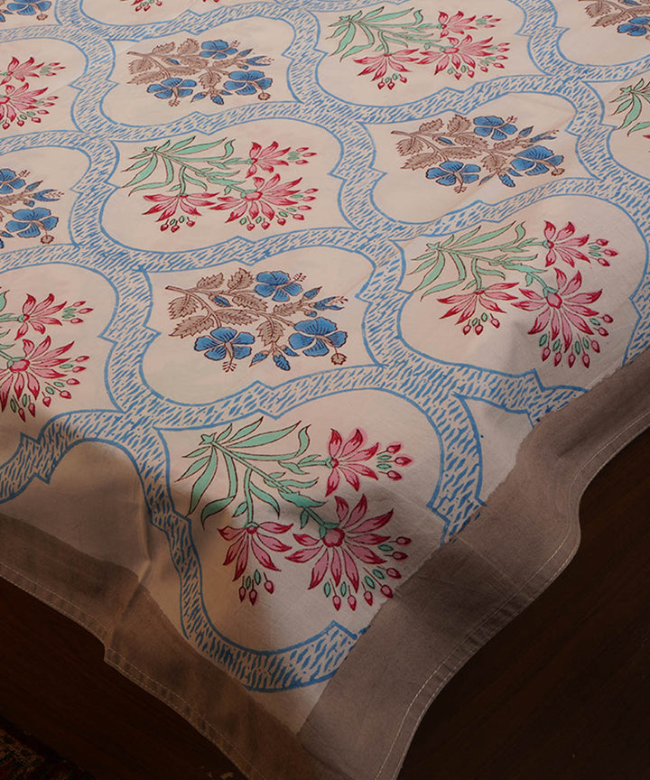White blue handblock print cotton bedsheet