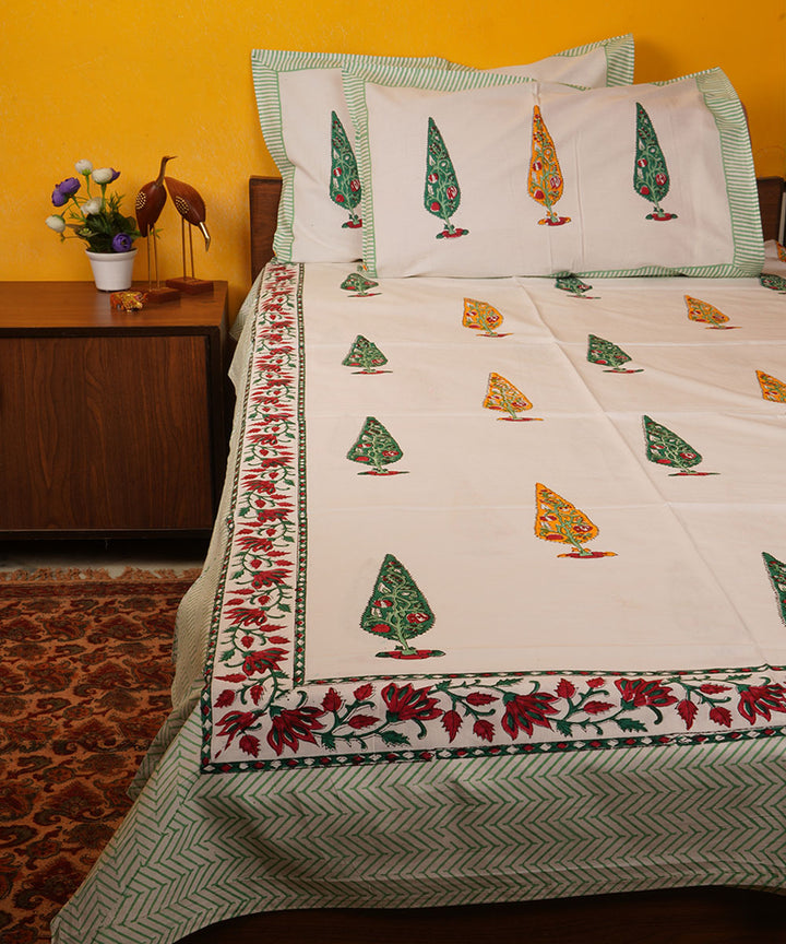 White green orange handblock print cotton bedsheet