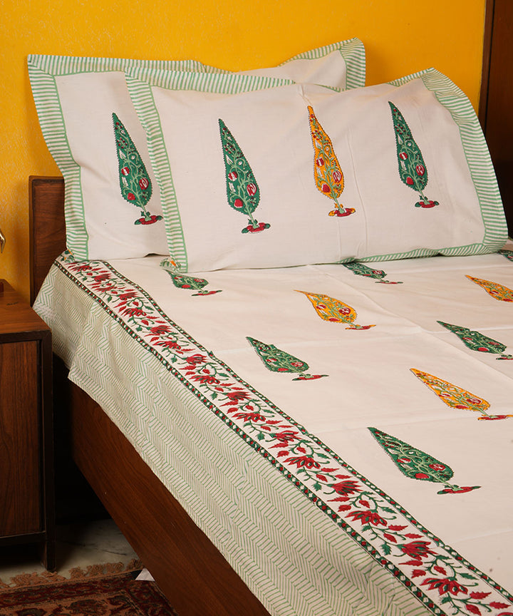 White green orange handblock print cotton bedsheet