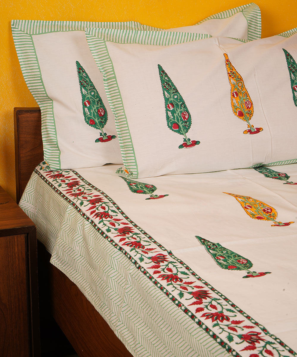 White green orange handblock print cotton bedsheet