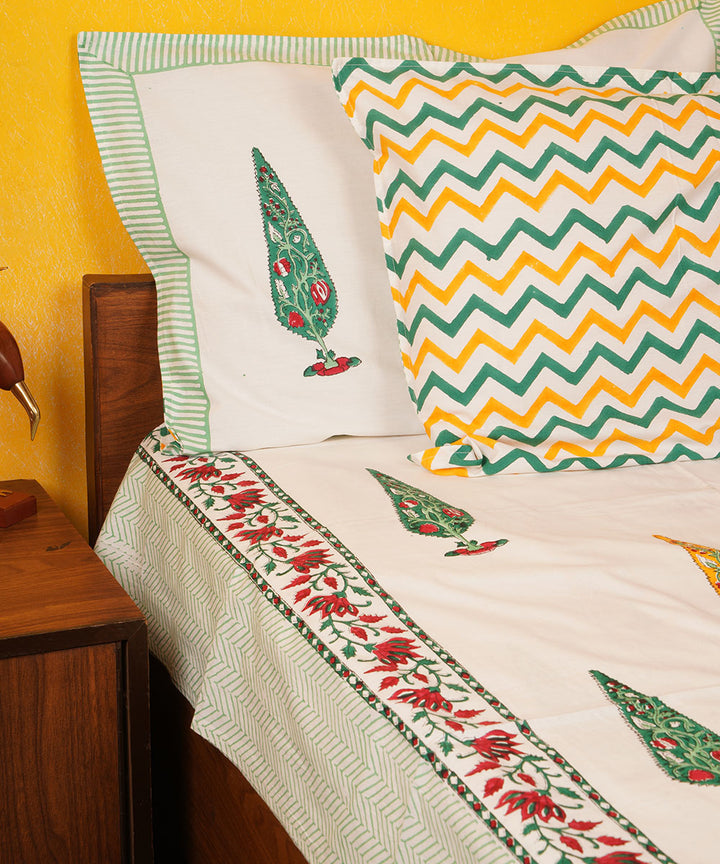 White green orange handblock print cotton bedsheet
