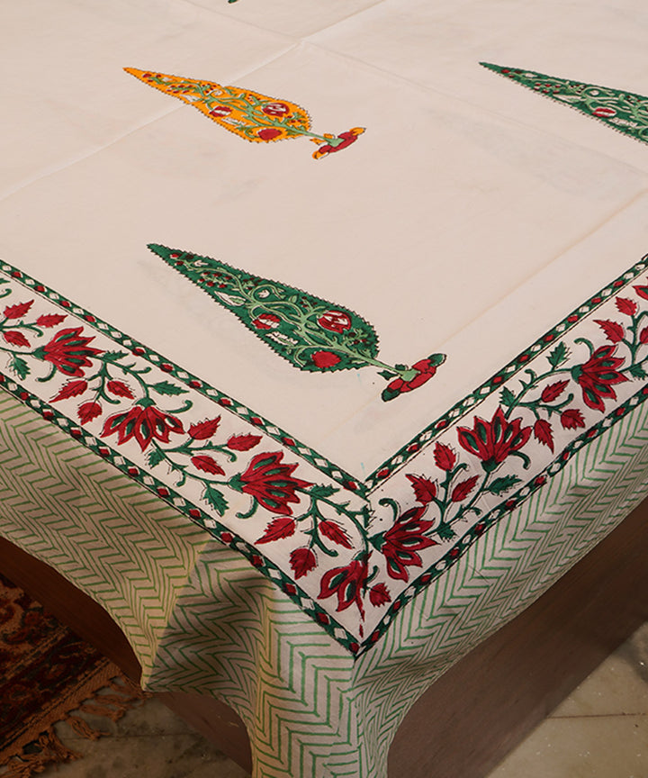 White green orange handblock print cotton bedsheet