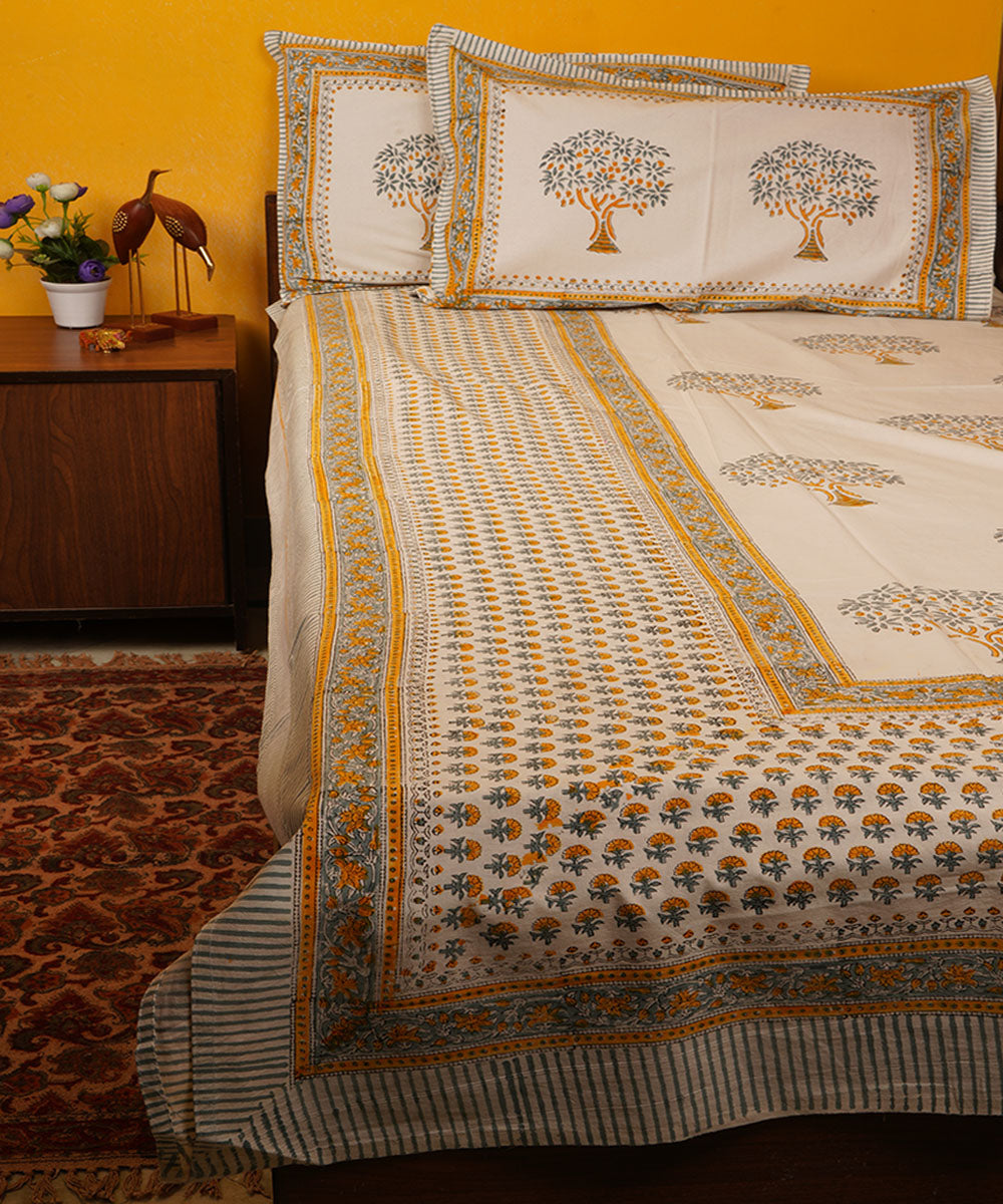 White green orange handblock print cotton bedsheet