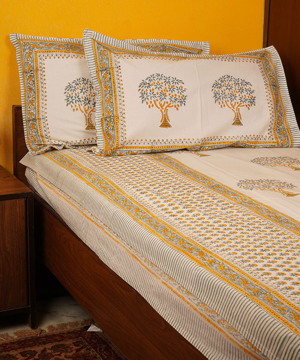White green orange handblock print cotton bedsheet