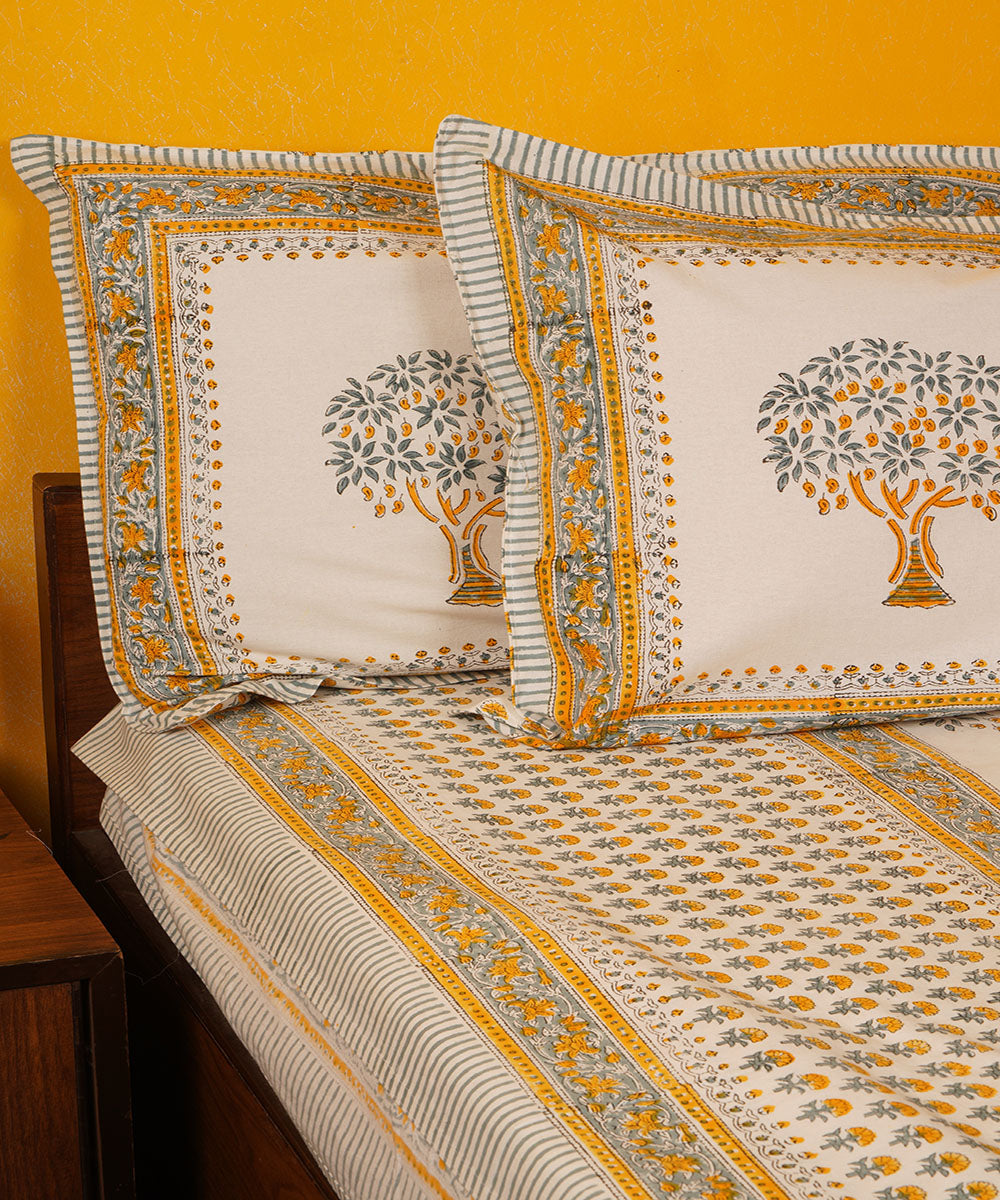 White green orange handblock print cotton bedsheet