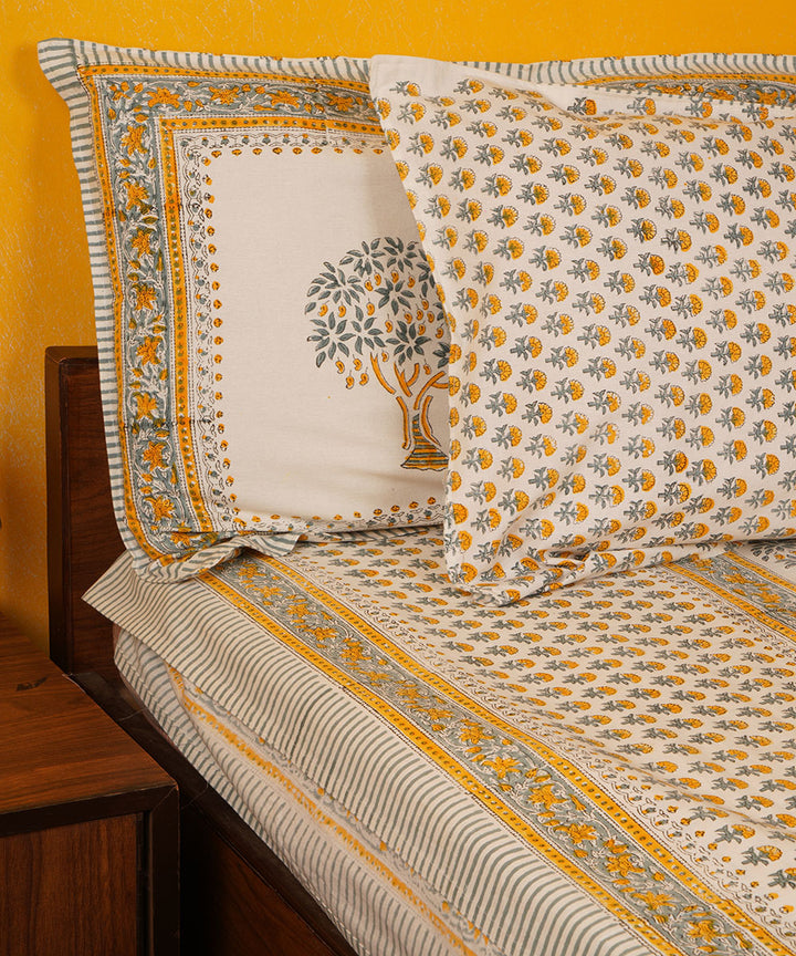 White green orange handblock print cotton bedsheet