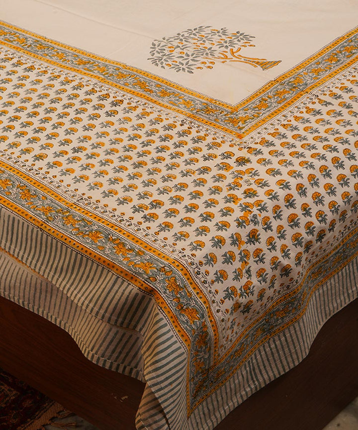 White green orange handblock print cotton bedsheet