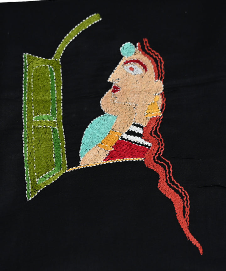Black kantha stitch handwoven cotton blouse piece