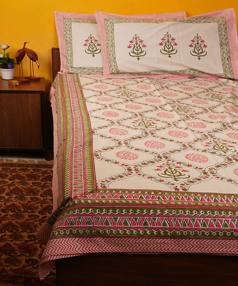 White pink green hand block print cotton bedsheet