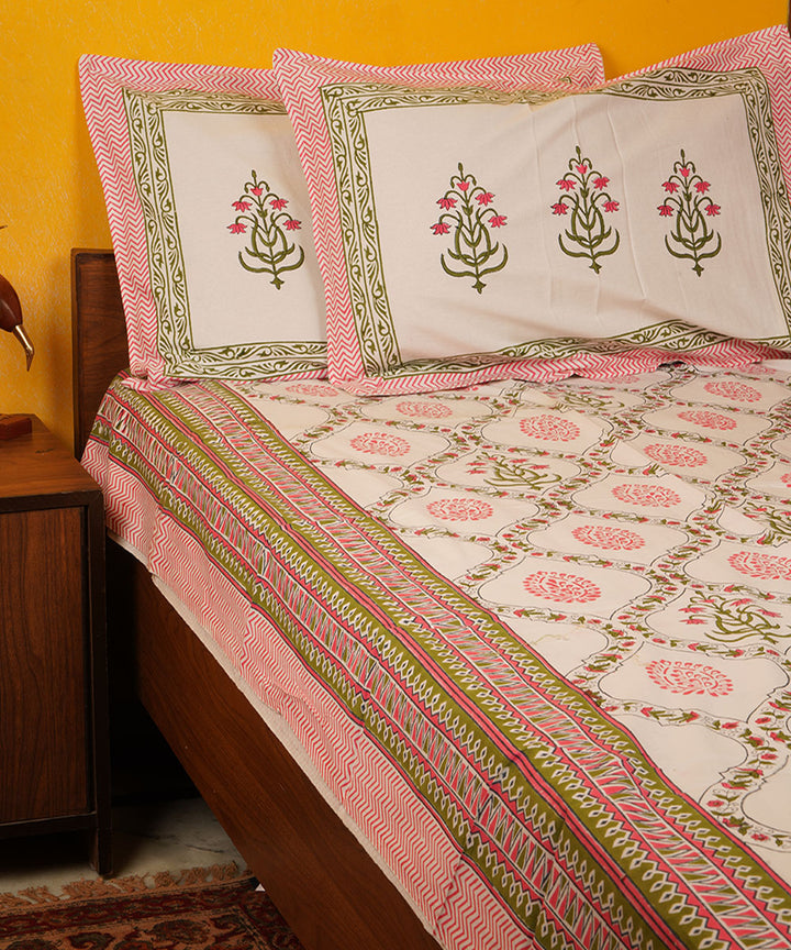 White pink green hand block print cotton bedsheet