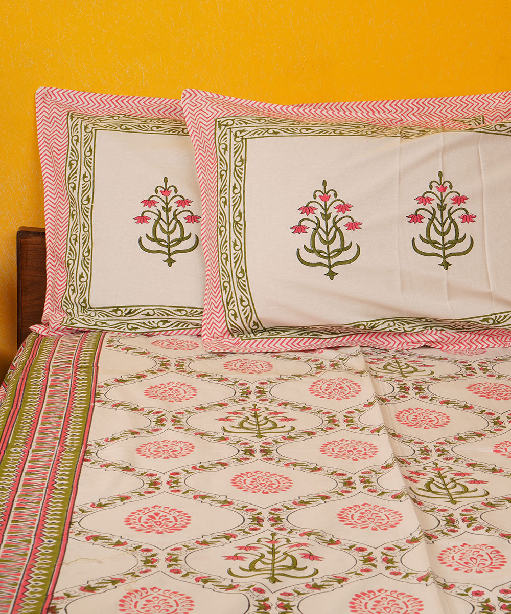 White pink green hand block print cotton bedsheet