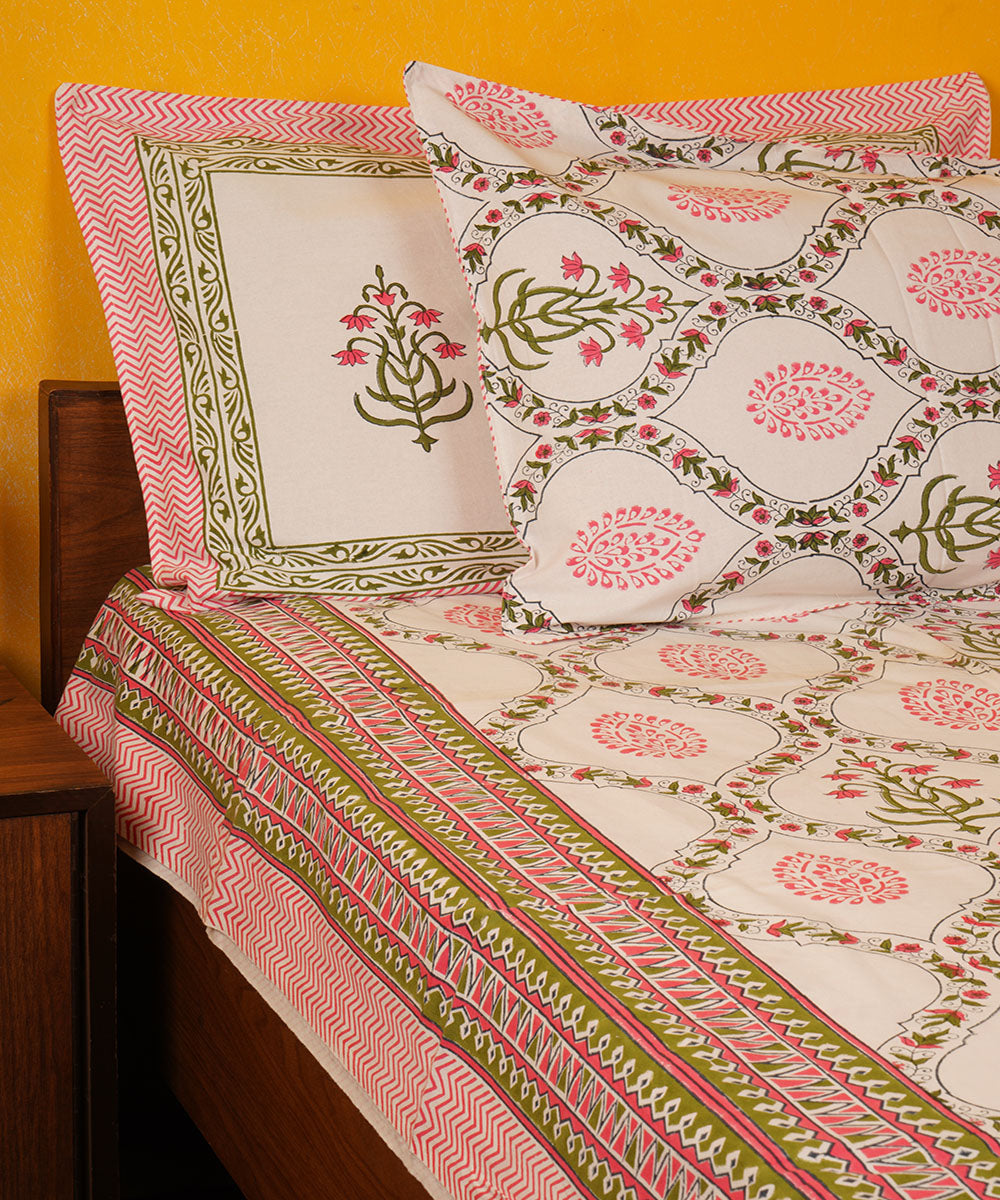 White pink green hand block print cotton bedsheet