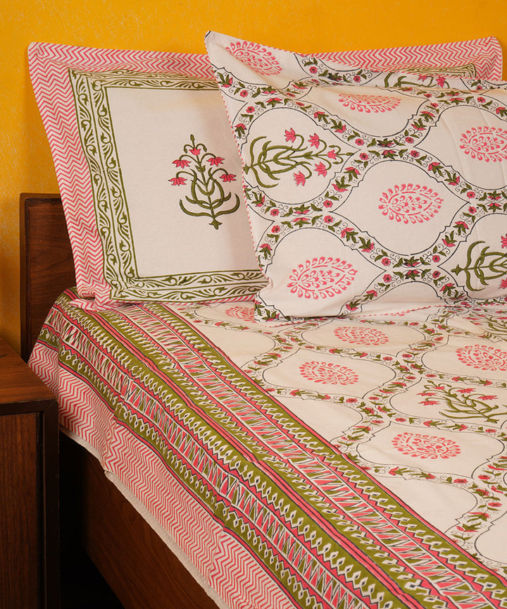 White pink green hand block print cotton bedsheet