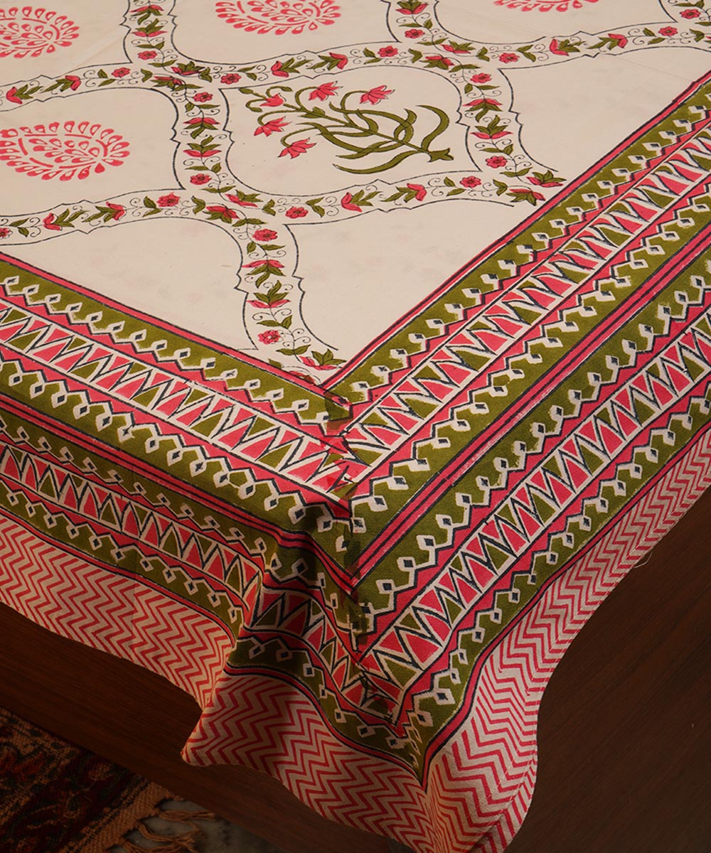 White pink green hand block print cotton bedsheet
