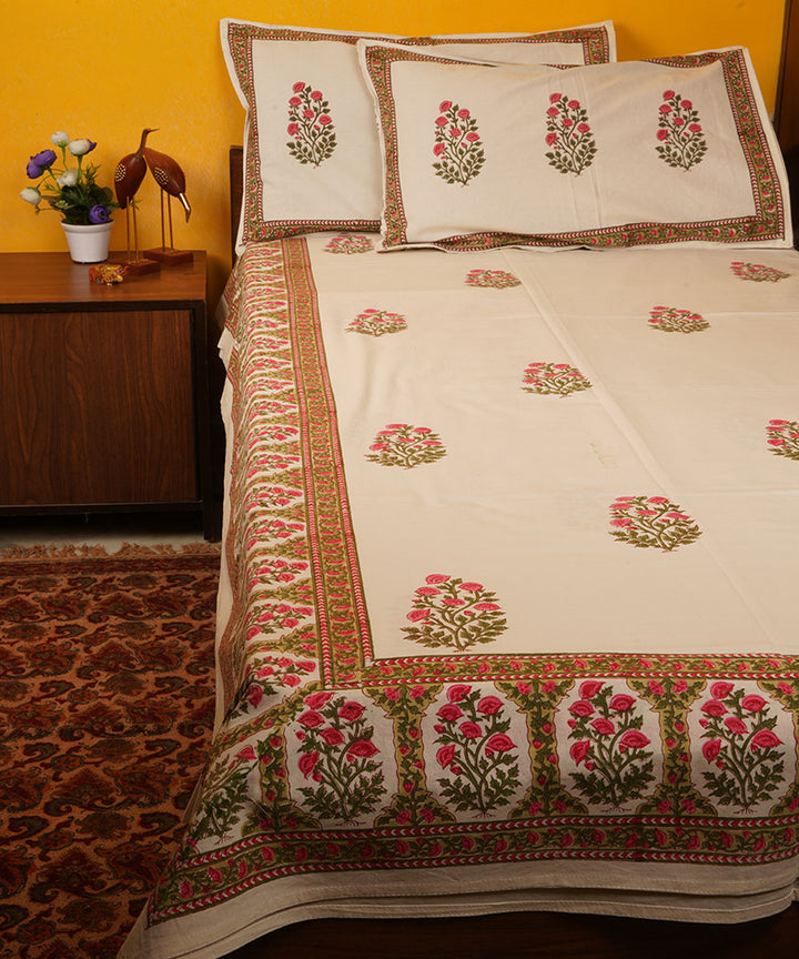 White green pink handblock print cotton bedsheet