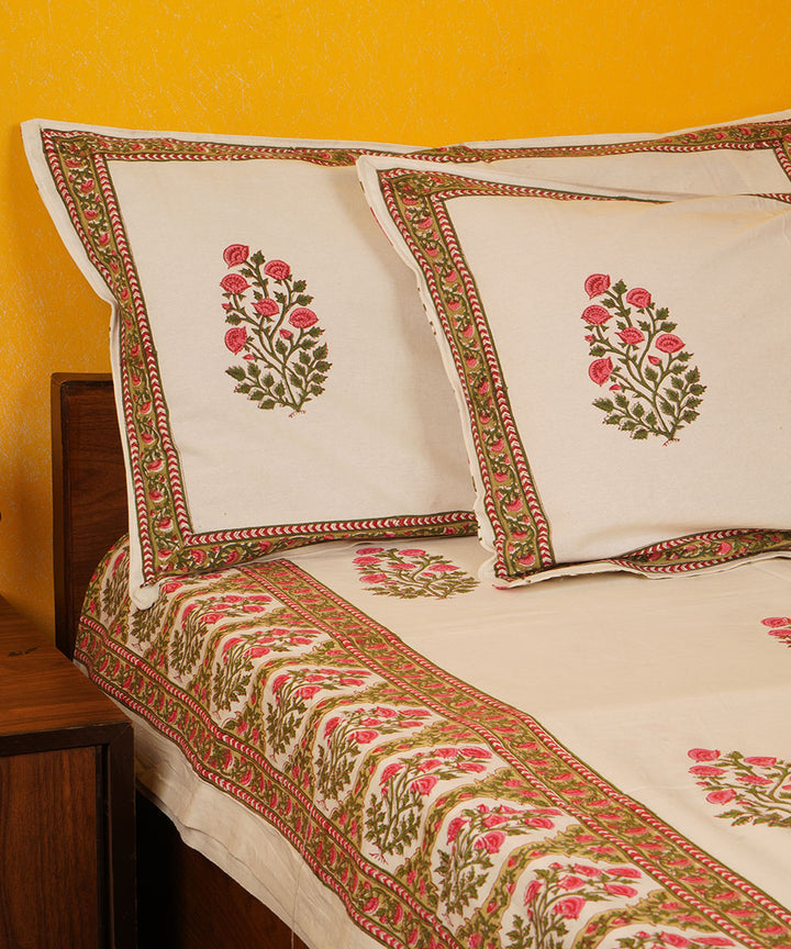 White green pink handblock print cotton bedsheet