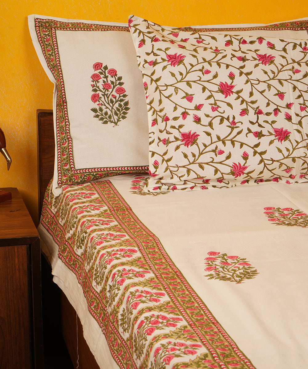 White green pink handblock print cotton bedsheet
