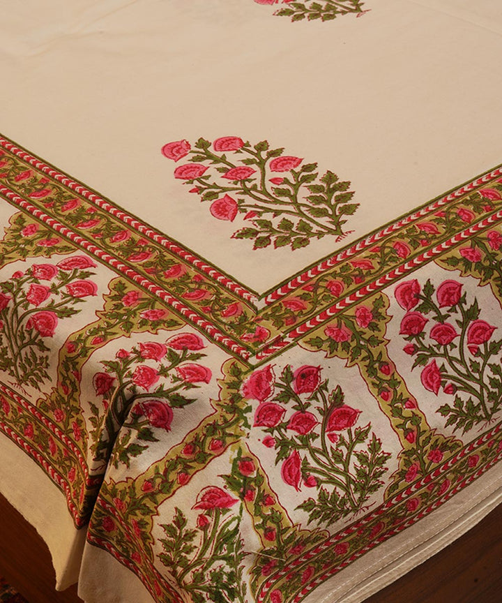 White green pink handblock print cotton bedsheet