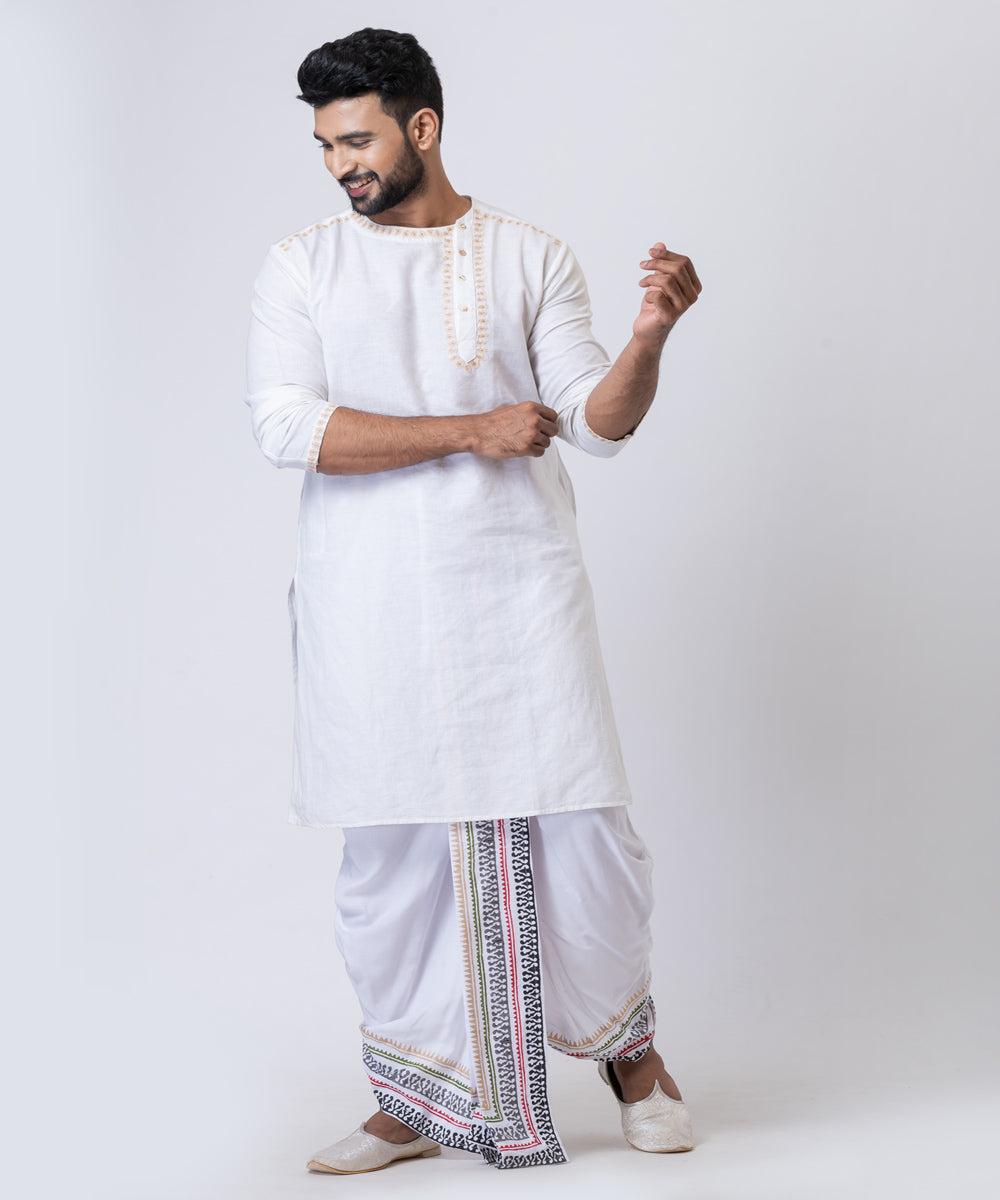 White hand block printed cotton dhoti