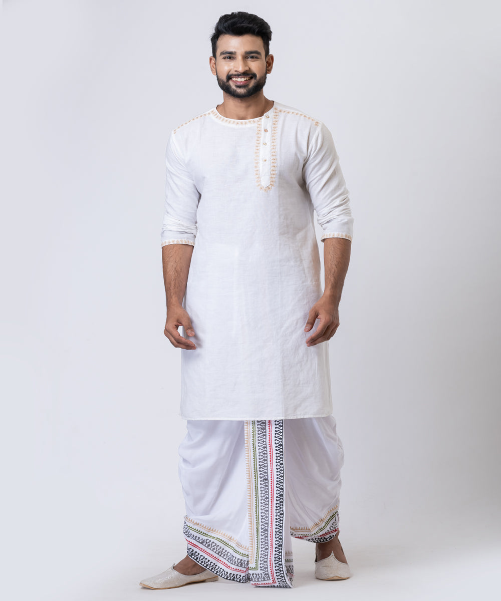 White hand block printed cotton rayon dhoti