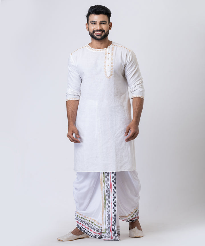 White hand block printed cotton rayon dhoti