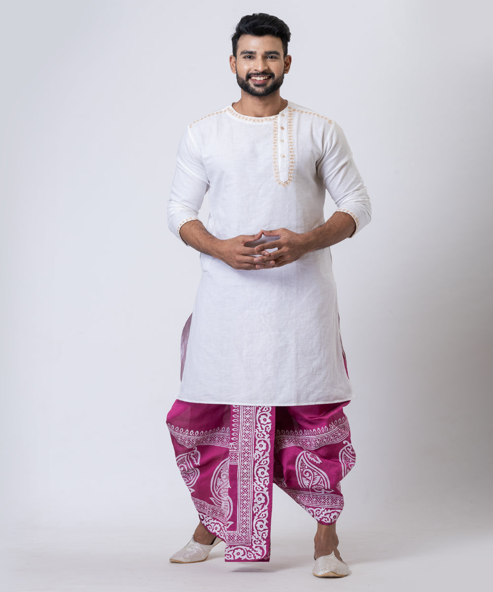 Purple white hand block printed dupion silk dhoti