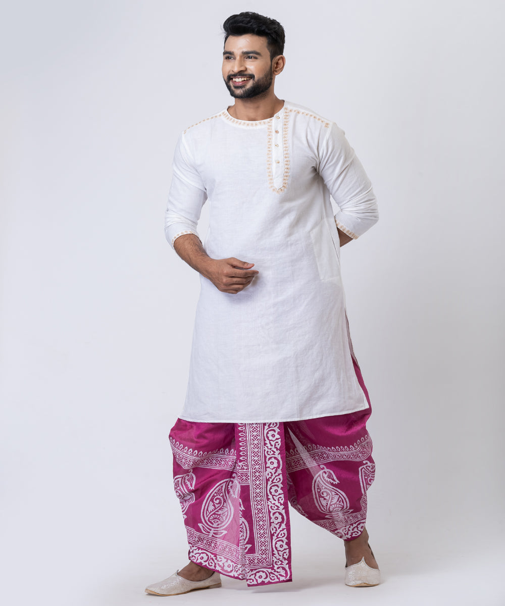 Purple white hand block printed dupion silk dhoti