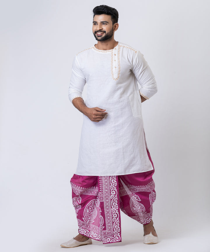 Purple white hand block printed dupion silk dhoti
