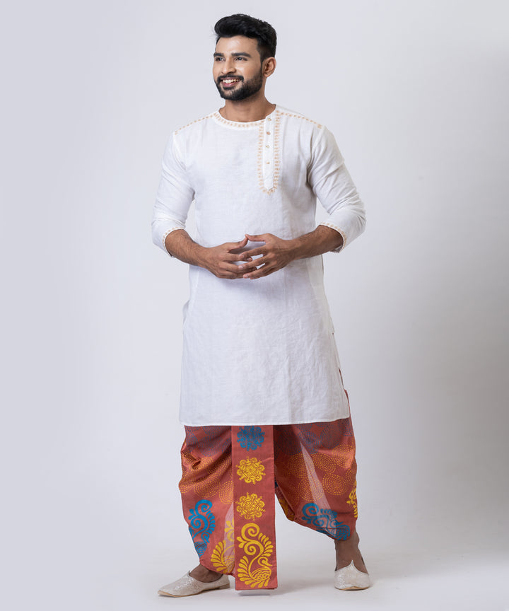 Peach multicolor hand block printed dupion silk dhoti