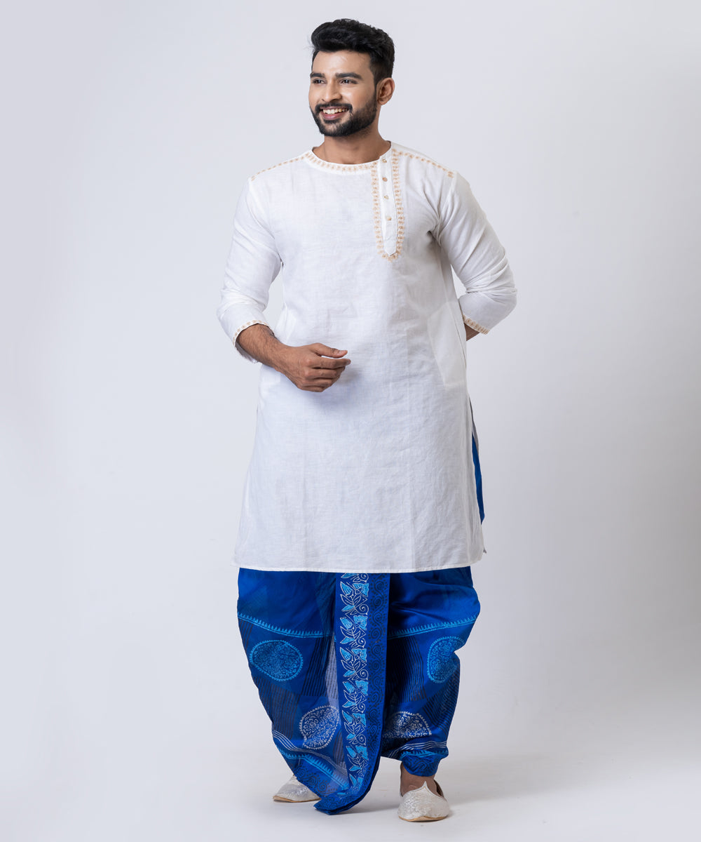 Cyan blue hand block printed dupion silk dhoti