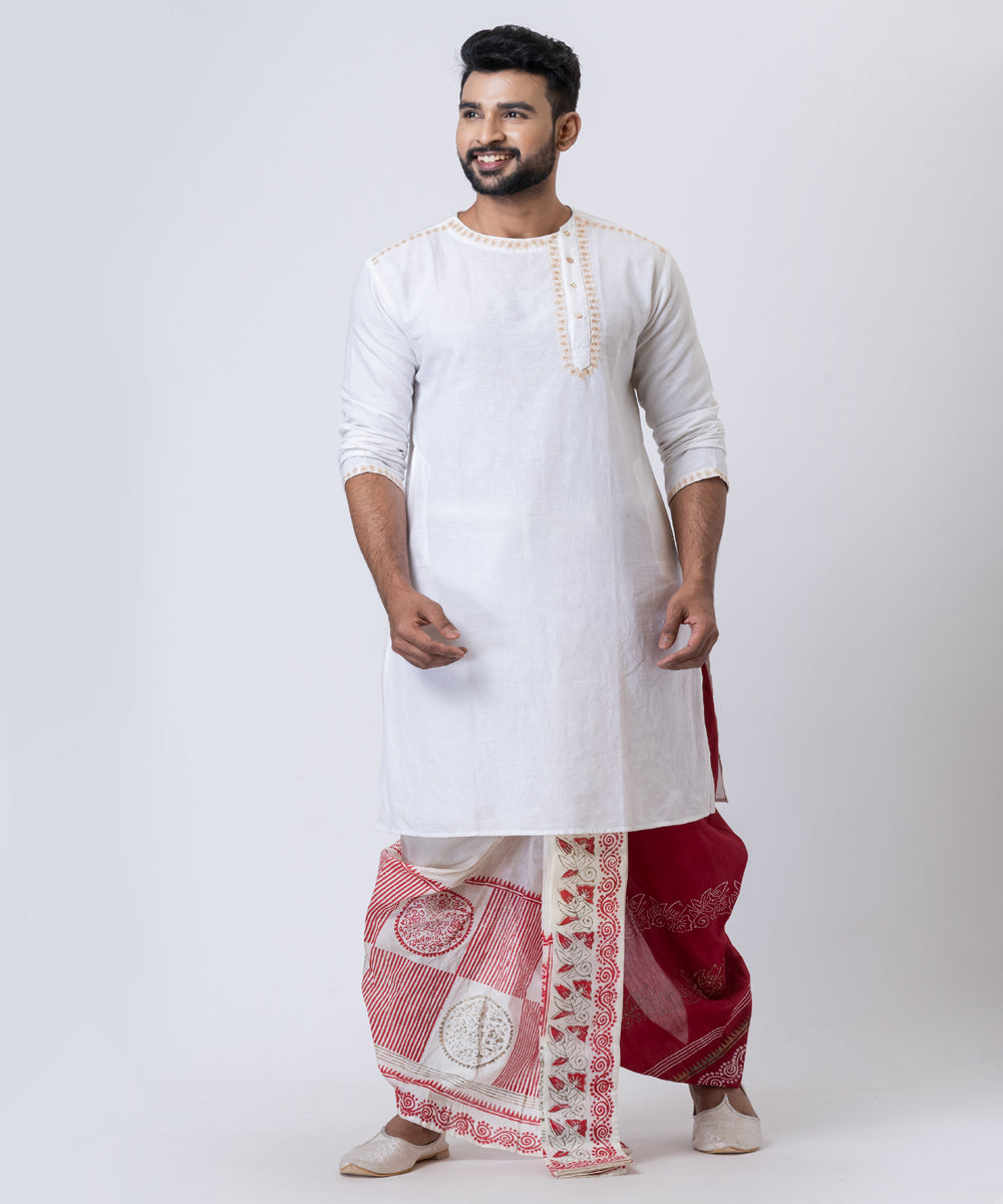White maroon hand block printed dupion silk dhoti