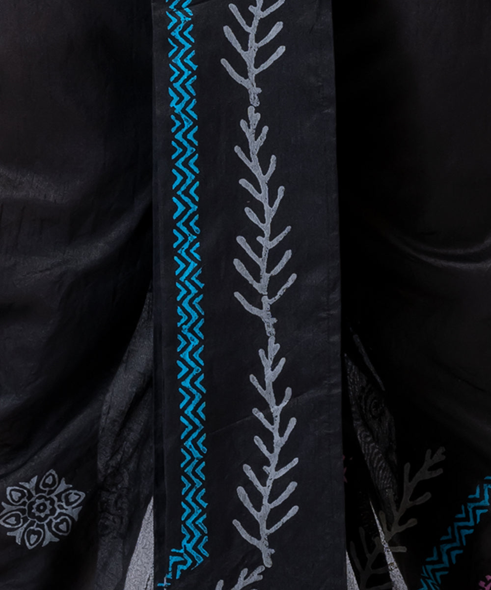 Black blue purple hand block printed dupion silk dhoti