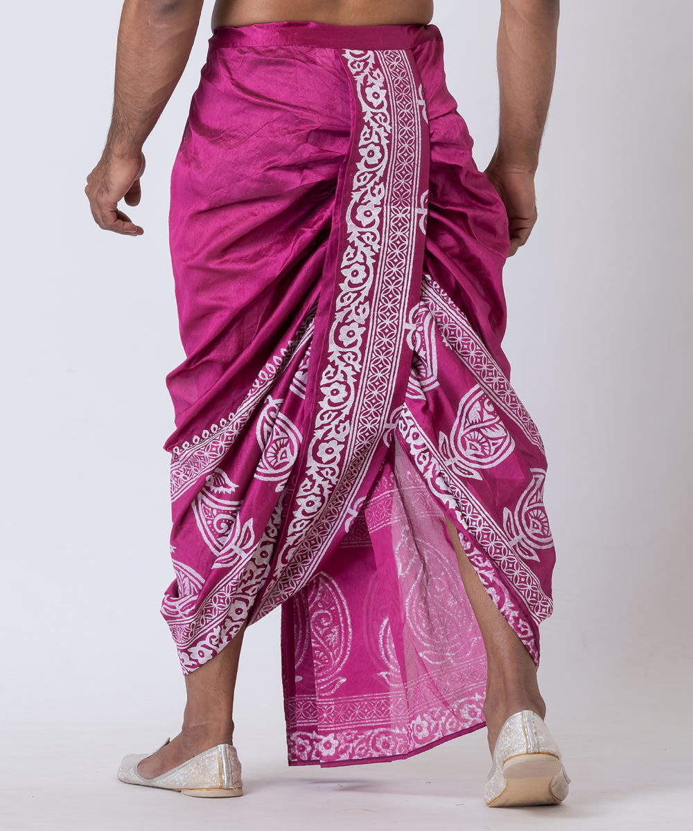 Purple white hand block printed dupion silk dhoti