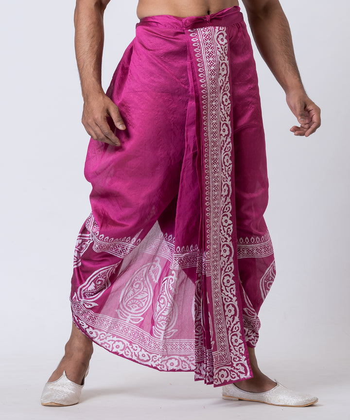 Purple white hand block printed dupion silk dhoti