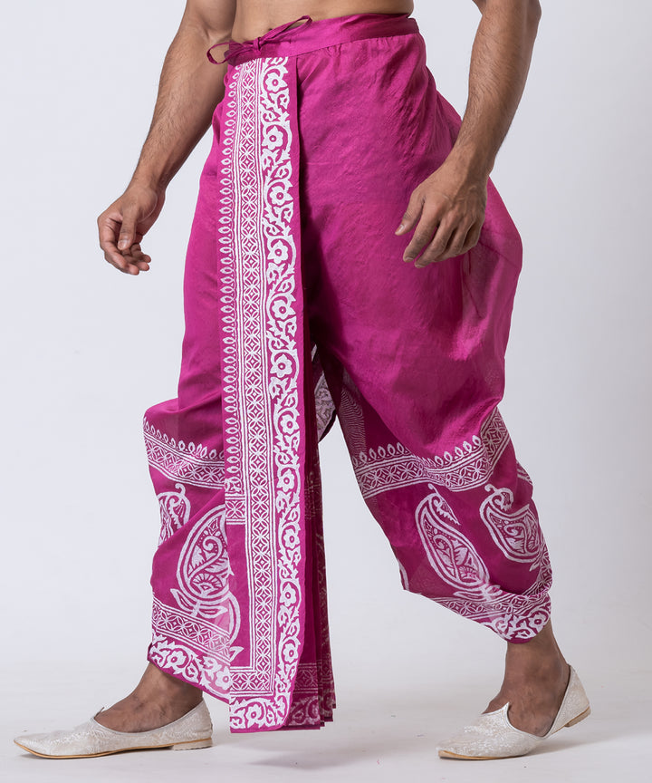 Purple white hand block printed dupion silk dhoti