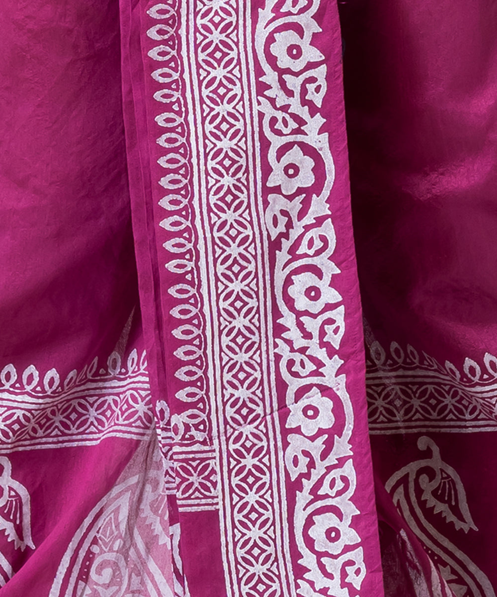 Purple white hand block printed dupion silk dhoti