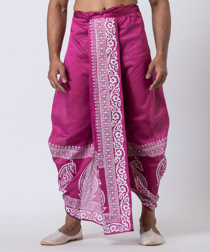 Purple white hand block printed dupion silk dhoti