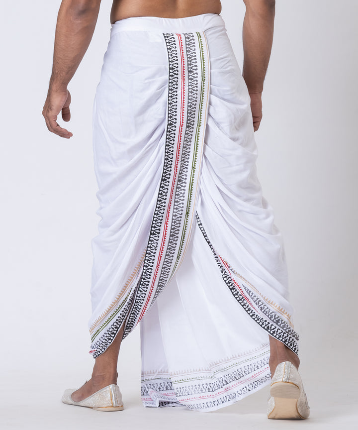 White hand block printed cotton rayon dhoti