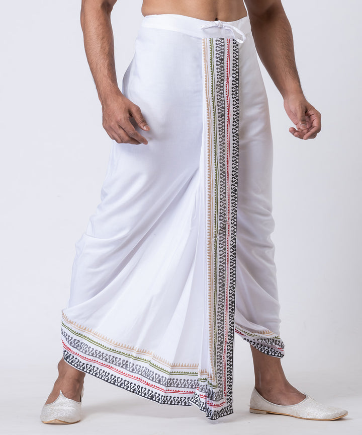 White hand block printed cotton dhoti