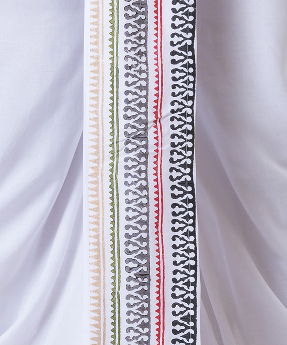 White hand block printed cotton dhoti